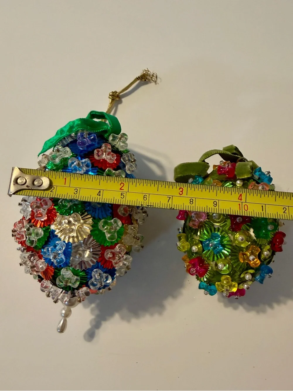 2 Vintage Christmas Beaded Sequin Egg Ornaments Multicolor Floral Retro Hanging